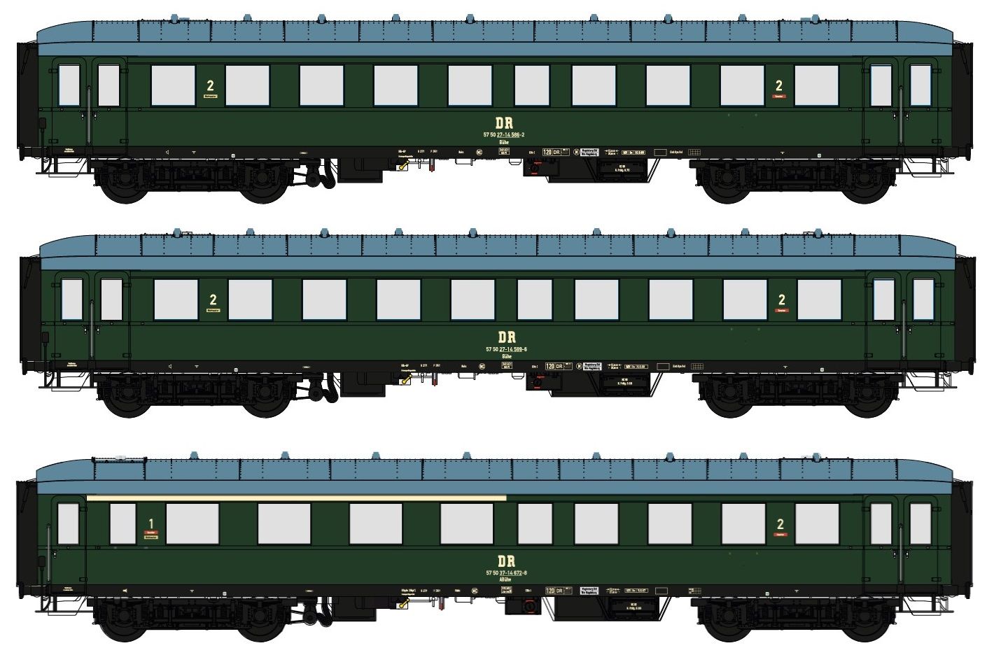 Set besteht aus: 2x 2.Klasse - 1x 1/2.Klasse neue Nummern; Eilzugwagen 2x Bühe u. 1x ABühe, DRost, Flaschengrün, Ep. IV